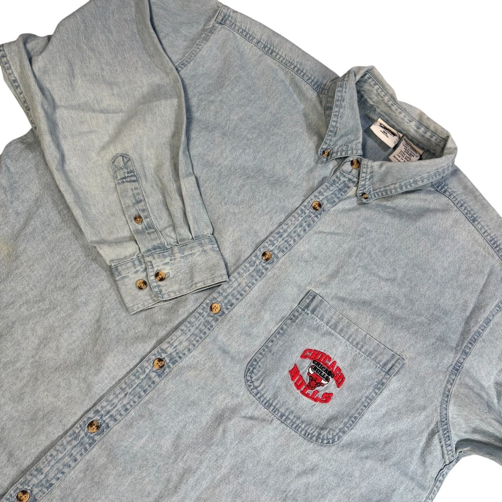 VTG Pro Edge Men's Denim Chicago Bulls Basketball Jean Button Down Shirt Sz‎ XL